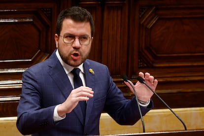 El presidente de la Generalitat, Pere Aragonès, en un  momento del Pleno monográfico de la sequía.