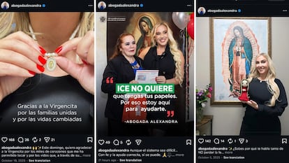 Publicaciones en redes sociales de los servicios de Alexandra Lozano, a la derecha, el cuadro de la Virgen de Guadalupe.