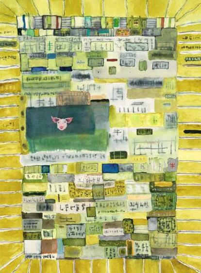 John Lurie y sus obras <i>My girlfriend makes pig</i><b> y</b> Self portrait with lump <b>(abajo)</b>.
