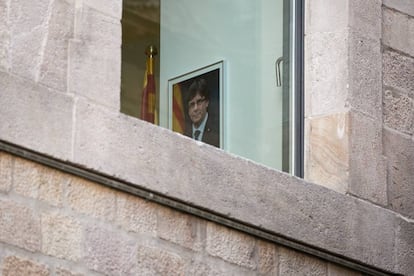 A portrait of Carles Puigdemont at the Palace of the Generalitat, the seat of the regional presidency. 