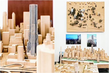 Estudio para un proyecto residencial; y maquetas de obra realizada, arriba, del museo O’Keefe en Biloxi (Misisipi) y torre en el 8 Spruce Street (Nueva York).