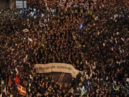 People march during a demonstration called by several Basque political parties, trade unions and social groups in Bilbao on January 11.