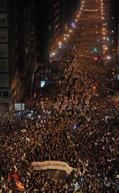 People march during a demonstration called by several Basque political parties, trade unions and social groups in Bilbao on January 11.