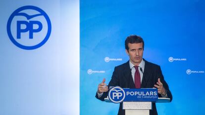 El presidente del Partido Popular, Pablo Casado, durante una rueda de prensa tras el Comité Ejecutivo Nacional.