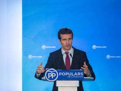 El presidente del Partido Popular, Pablo Casado, durante una rueda de prensa tras el Comité Ejecutivo Nacional.