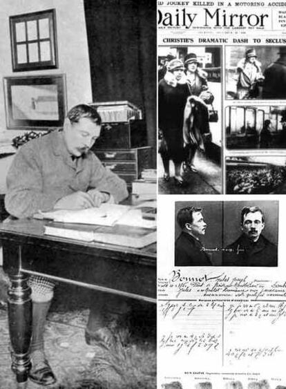 A la izquierda, el escritor británico Arthur Conan Doyle (1859-1930), padre del detective de ficción Sherlock Holmes. Arriba, portada del diario <i>Daily Mirror</i> en 1926 en la que se informa del hallazgo de una desaparecida Agatha Christie. Abajo, una ficha policial de la época.