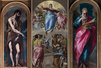 From left to right: Saint John the Baptist, The Assumption of the Virgin and Saint John the Evangelist, by El Greco. The three pieces can be seen at the Prado Museum.