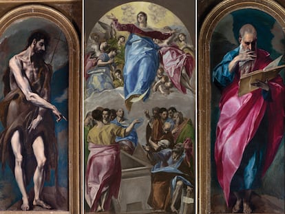 De izquierda a derecha: 'San Juan Bautista', 'La Asunción' y 'San Juan Evangelista', del Greco, piezas que se pueden ver en el Museo del Prado.