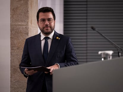 DVD 1172 01/08/23 Barcelona.  Rueda de prensa del presidente catalan, Pere Aragones, en el Palau de la Generalitat. [ALBERT GARCIA] EL PAIS