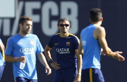 Luis Enrique, durant l'entrenament d'ahir.