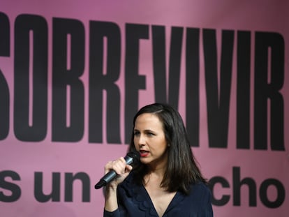 La secretaria general de Podemos y ministra de Derechos Sociales, Ione Belarra, este domingo durante un acto de su partido en Madrid.