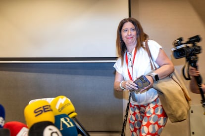 Leire Díez, a su llegada a la rueda de prensa en un hotel madrileño este miércoles.