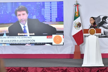 Claudia Sheinbaum en Palacio Nacional, habla sobre Eduardo Feinmann, este miércoles.