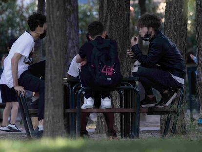Un grupo de jóvenes pasa el rato en un parque de Villaverde.