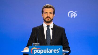 Pablo Casado, durante la rueda de prensa que ha ofrecido este jueves.