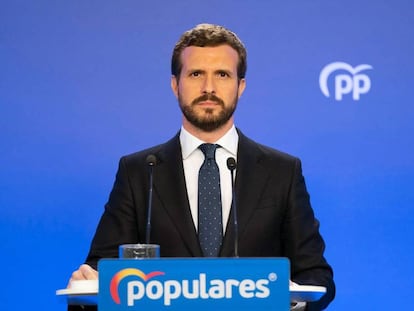 Pablo Casado, durante la rueda de prensa que ha ofrecido este jueves.