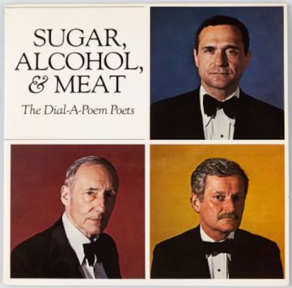 Los escritores John Giorno (arriba), John Ashbery y William Burroughs (abajo a la izquierda) en la portada de un disco de poesía de 1980.