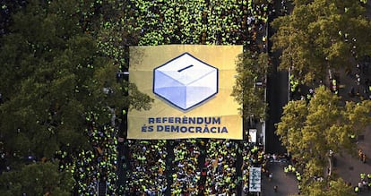 A pro-independence banner during Monday's La Diada march in Barcelona.