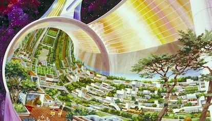 Dibujo de una colonia fuera de la tierra por Rick Guidice titulado 'Torus Wheel Settlement Interior', creado en 1975 para la NASA Ames Research Center.