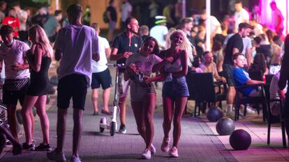 Young people out at night in Magaluf on the Balearic island of Mallorca on July 16
