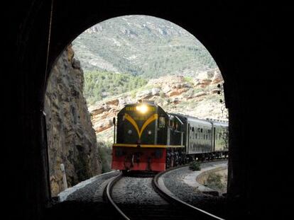 El Tren dels Llacs entrando en uno de los numerosos túneles de la ruta.