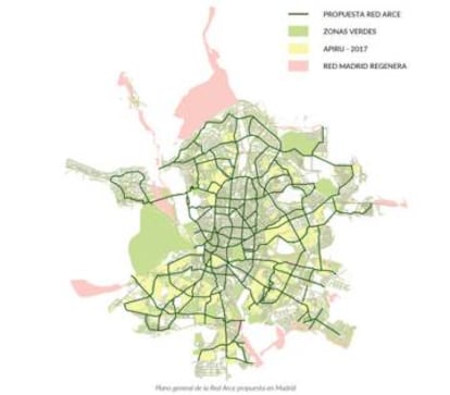 Plano de la Red ARCE, que planea conectar los grandes espacios verdes urbanos a través de una red continua y coherente de calles, avenidas y bulevares, representada con líneas verdes oscuras.