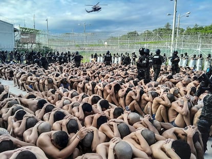 This handout picture released by the Honduran Armed Forces shows inmates during an operation at the National Penitentiary "Francisco Morazan" in Tamara, north of Tegucigalpa, on June 26, 2023.