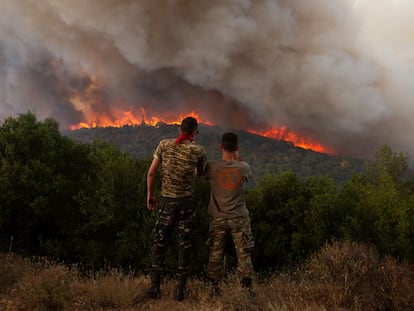 Las llamas queman un bosque en Sykorrahi, en el noreste de la región de Evros (Grecia), el 23 de agosto.