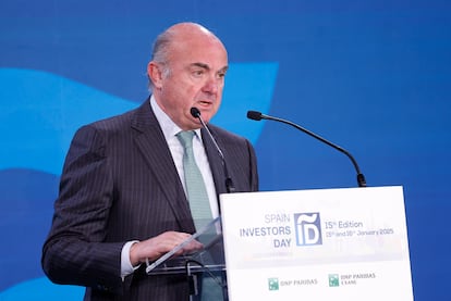 El vicepresidente del Banco Central Europeo, Luis de Guindos, interviene en la inauguración de la XV edición del Spain Investors Day, este miércoles en Madrid.