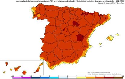 Anomalía de temperatura máxima prevista para el sábado 23.