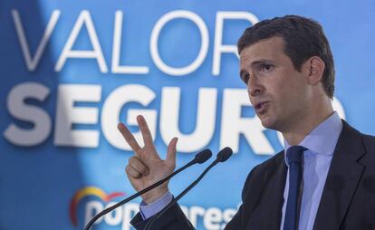 Casado, este lunes en la presentación de su programa electoral en Barcelona. 