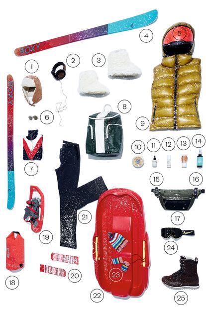 1. Gorro de borrego, Mango. 17,99 euros. 2. Cascos, UGG. 100 euros. 3. Botines de pelo blanco, Mou. 315 euros. 4. Esquís, Roxy. 339 euros. 5. Casco de protección MOD3 Snow Helmet, Oakley. 140 euros. 6. Gafas de sol de Loewe. 7. Jersey de cuello vuelto y cremallera, Zara. 25,95 euros. 8. Mochila de piel ­bicolor hecha a mano en España, Ribags & Moises Nieto. 120 euros. 9. Chaleco, Herno. 610 euros. 10. Manteca de karité ESR, L’Occitane. Regenera las pieles secas. 32 euros. 11. Oh My Cold, de Codage. Sérum que protege del frío. 89 euros. 12. Workout Wonder Ball, Mio. Roll-on que calma el dolor muscular. 32 euros. 13. Super Soin Solaire Visage, de Sisley. Protector solar. 164,50 euros. 14. Frizz Control, de Moroccanoil. Tratamiento que protege el cabello. 27 euros. 15. Reloj Tissot T-Touch Expert Solar NBA Special Edition. 1.080 euros. 16. Reloj cronógrafo colección Freelance, Raymond Weil. 3.250 euros. 17. Riñonera guateada, Le Coq Sportif. 65 euros. 18. Bolsa impermeable, Slam. Consultar precio de venta. 19. Raquetas de Quechua INUIT 400 para Decathlon. 49,99 euros. 20. Calcetines, Happy Socks. 9 euros. 21. Pantalón impermeable, Columbia. ­99,95 ­euros. 22. Trineo de plástico de Wed’ze para Decathlon. 29,95 euros. 23. Gorro y manoplas, Boboli. 14,95 y 12,95 euros, respectivamente. 24. Gafas Nike Fade Command. 220 euros. 25. Botas de cuero, Massimo Dutti. 199 euros.