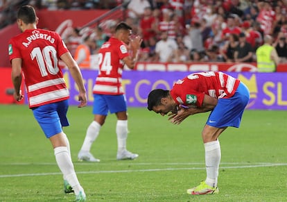 El delantero del Granada Jorge Molina (d) tras fallar un penalti, durante el partido de la última jornada de Liga en Primera División que Granada CF y RCD Espanyol disputan este domingo en el Nuevo Estadio Los Carmenes, en Granada.