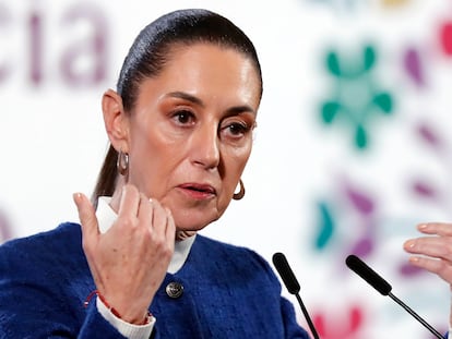 Claudia Sheinbaum, durante su rueda de prensa diaria este miércoles 15 de enero de 2025, en el Palacio Nacional en la Ciudad de México.