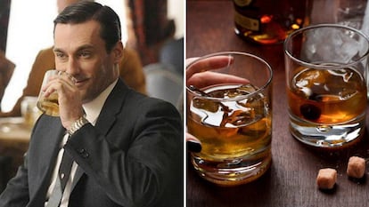 A la izquierda, una escena de la serie 'Mad Men' y, a la derecha, un vaso de Old Fashion.