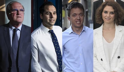 Los candidatos a las elecciones autonómicas en Madrid en 2019. De izquierda a derecha, Ángel Gabilondo (PSOE), Ignacio Aguado (Ciudadanos), Íñigo Errejón (Podemos) e Isabel Díaz Ayuso (PP).