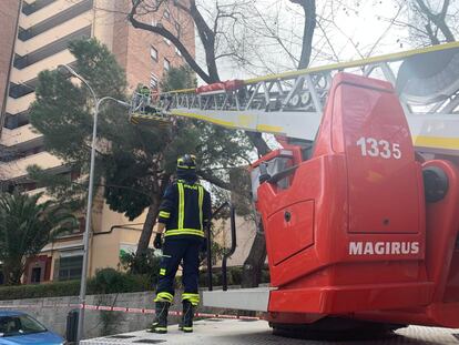 Intervención de los bomberos de la capital para retirar una rama caída en la calle Germán Pérez Carrasco (Ciudad Lineal).