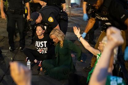 Senator Lauren Book, Democratic Chairwoman Nikki Fried and about a dozen activists are arrested outside the Tallahassee City Hall building, on April 3, 2023, in Tallahassee, Florida.