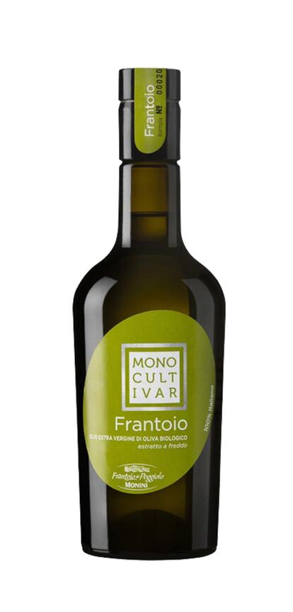 Monini (Frantoio). Italiano. Procedente de un olivar con 5.500 olivos centenarios y 1.500 nuevos árboles, que se extiende a los pies del Parque Nacional Pollino (Basilicata). El 12% de la producción es de frantoio. En nariz, dicen los catadores, que presenta agradables aromas frutados a manzana y cítricos. Armónico y complejo.