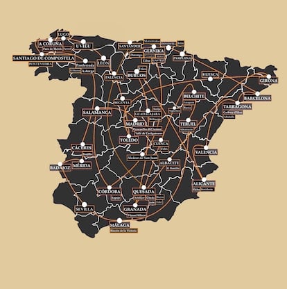 Mapa que representa el viaje literario, de 25.000 kilómetros, que realizó Davis Uclés al documentarse para 'La península de las casas vacías' (Siruela).