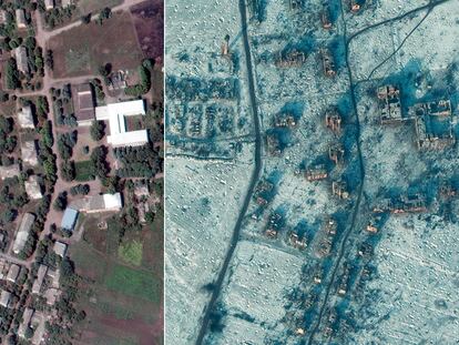 En la izquierda, imagen de satélite de la localidad de Soledar el 1 de agosto de 2022 y en la derecha, el 10 de enero de 2023.