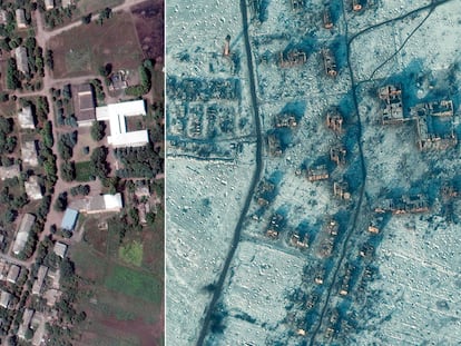 En la izquierda, imagen de satélite de la localidad de Soledar el 1 de agosto de 2022 y en la derecha, el 10 de enero de 2023.