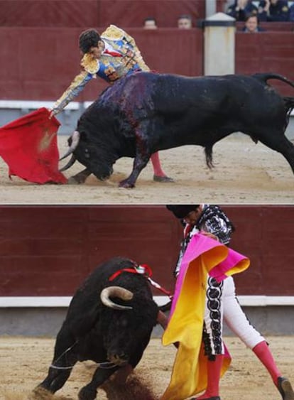 José Tomás, arriba, es volteado por uno de los toros, que le propinó una cornada en el glúteo derecho y otra de menor gravedad en la axila, ayer durante la corrida en El Puerto de Santa María; abajo, Morante de la Puebla torea al natural en su primer toro.