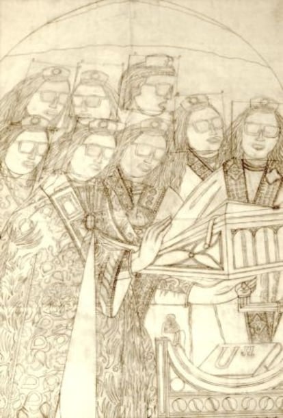 Un dibujo de la interpretación de Arroyo de 'La adoración del cordero místico' de Van Eyck.
