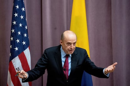 El ministro de Exteriores de Colombia, Álvaro Leyva, durante el Diálogo de Alto Nivel que sostuvo con el secretario de Estado Antony Blinken, en Washington.