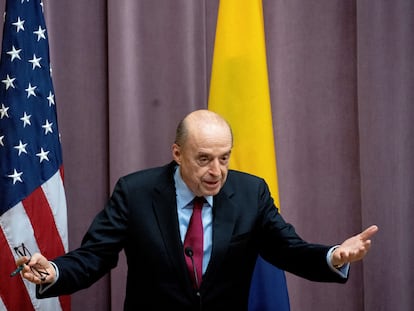 El ministro de Exteriores de Colombia, Álvaro Leyva, durante el Diálogo de Alto Nivel que sostuvo con el secretario de Estado Antony Blinken, en Washington.