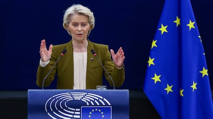 Ursula von der Leyen en su discurso ante el Parlamento europeo, en Estrasburgo, este miércoles.