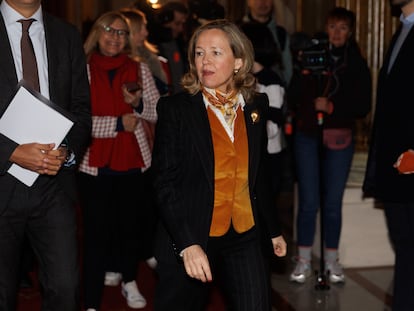 Nadia Calviño, este lunes antes de su intervención en el Fórum Europa en Madrid.