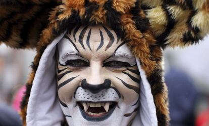 Una persona disfrazada de tigre participa en el tradicional desfile de Carnaval en Colonia.