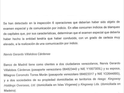 Fragmento del informe del Sepblac sobre Banco Madrid.